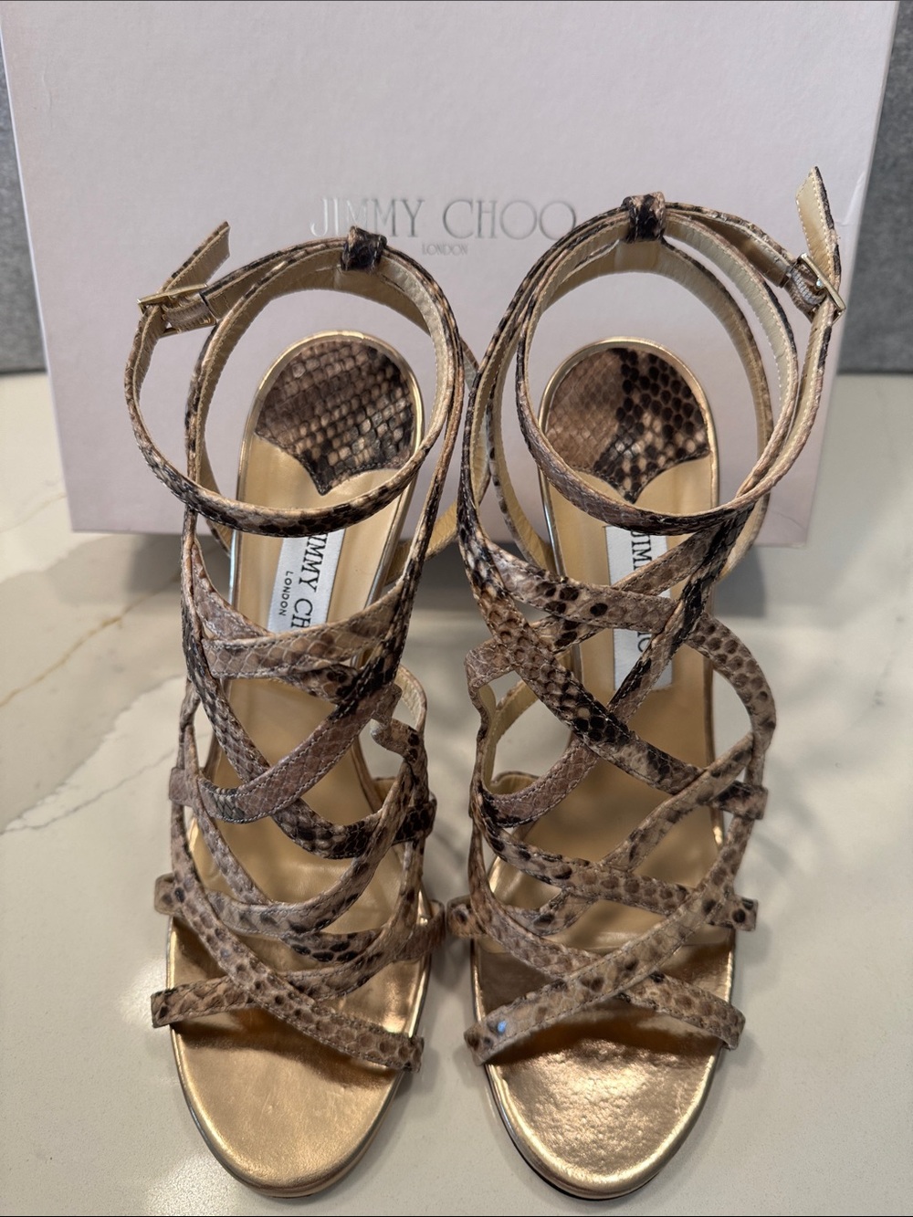 Jimmy Choo Taupe Snake-Print Strappy High-Heel Sandals 41